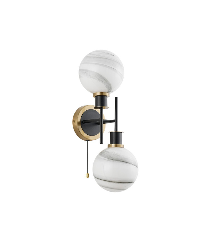 Plattsburgh Switched Wall Light Twin E14 IP44 15cm Round White & Grey Marble Effect Glass Shade Brass & Satin Black-4