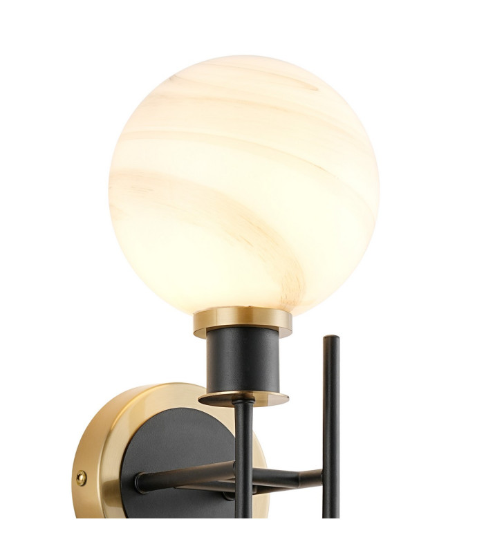 Plattsburgh Switched Wall Light Twin E14 IP44 15cm Round White & Grey Marble Effect Glass Shade Brass & Satin Black-5