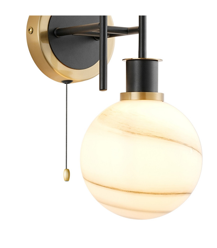 Plattsburgh Switched Wall Light Twin E14 IP44 15cm Round White & Grey Marble Effect Glass Shade Brass & Satin Black-6