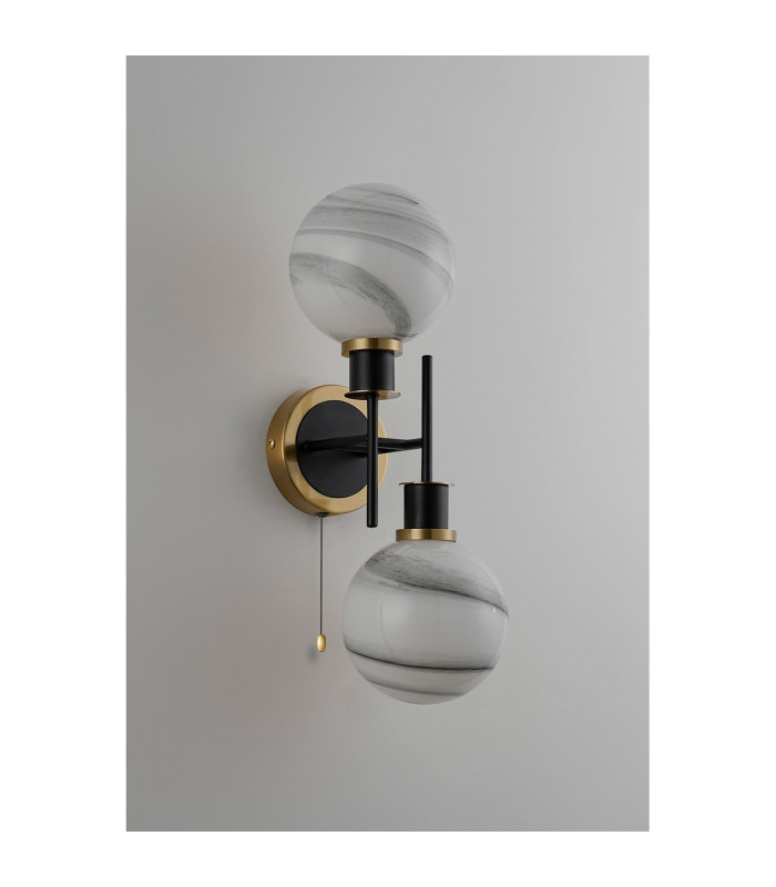 Plattsburgh Switched Wall Light Twin E14 IP44 15cm Round White & Grey Marble Effect Glass Shade Brass & Satin Black-7