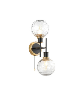 Plattsburgh Switched Wall Light 2 Light E14 IP44 15cm Round Textured Melting Glass Shade Brass Clear & Satin Black-1