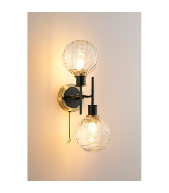 Plattsburgh Switched Wall Light 2 Light E14 IP44 15cm Round Textured Melting Glass Shade Brass Clear & Satin Black-3