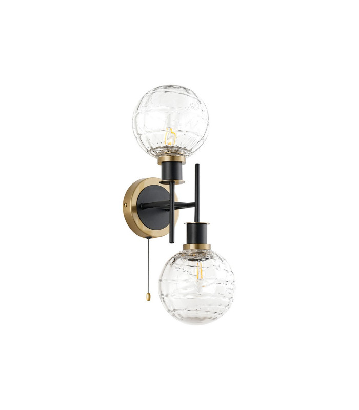 Plattsburgh Switched Wall Light 2 Light E14 IP44 15cm Round Textured Melting Glass Shade Brass Clear & Satin Black-4