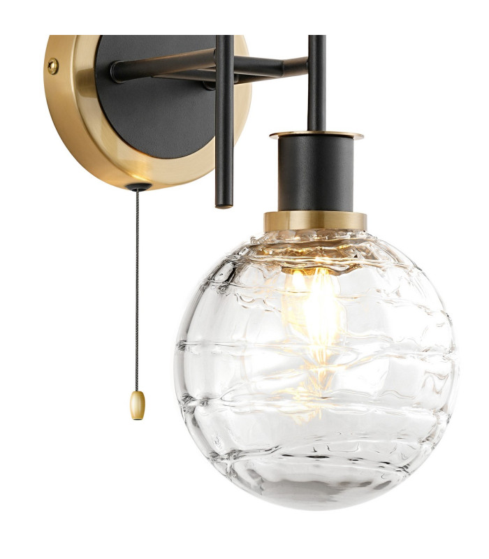 Plattsburgh Switched Wall Light 2 Light E14 IP44 15cm Round Textured Melting Glass Shade Brass Clear & Satin Black-6