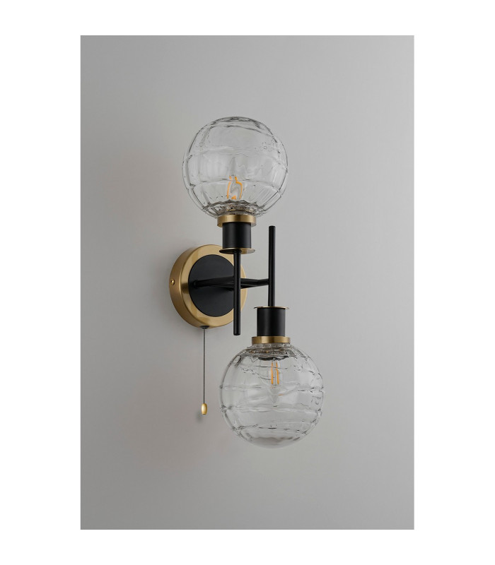 Plattsburgh Switched Wall Light 2 Light E14 IP44 15cm Round Textured Melting Glass Shade Brass Clear & Satin Black-7
