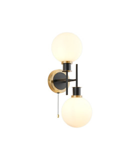 Plattsburgh Switched Wall Light 2 Light E14 IP44 15cm Round Glass Shade Brass Opal & Satin Black-1