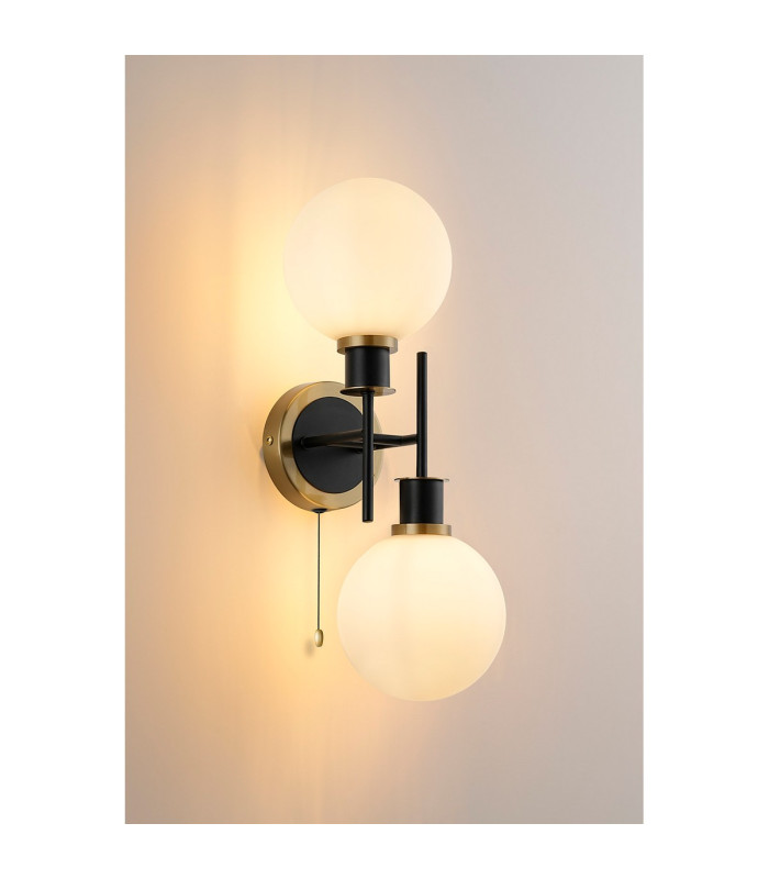 Plattsburgh Switched Wall Light 2 Light E14 IP44 15cm Round Glass Shade Brass Opal & Satin Black-3