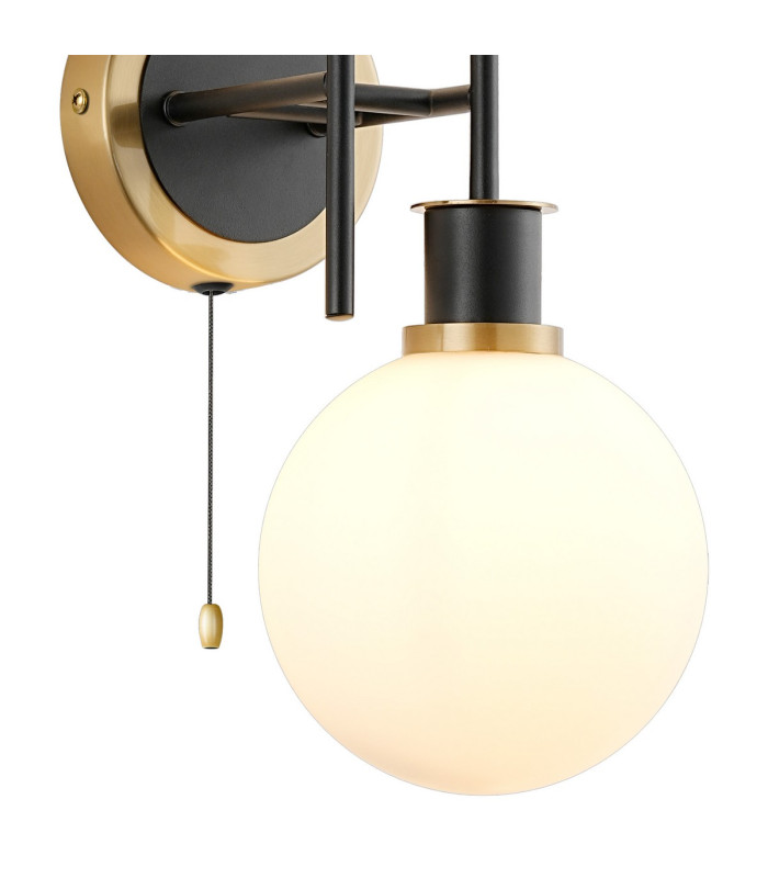 Plattsburgh Switched Wall Light 2 Light E14 IP44 15cm Round Glass Shade Brass Opal & Satin Black-6