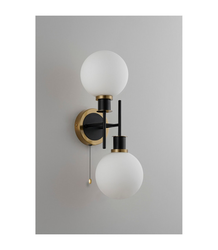 Plattsburgh Switched Wall Light 2 Light E14 IP44 15cm Round Glass Shade Brass Opal & Satin Black-7