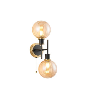 Plattsburgh Switched Wall Light 2 Light E14 IP44 15cm Round Segment Glass Shade Brass Amber Plated & Satin Black-1