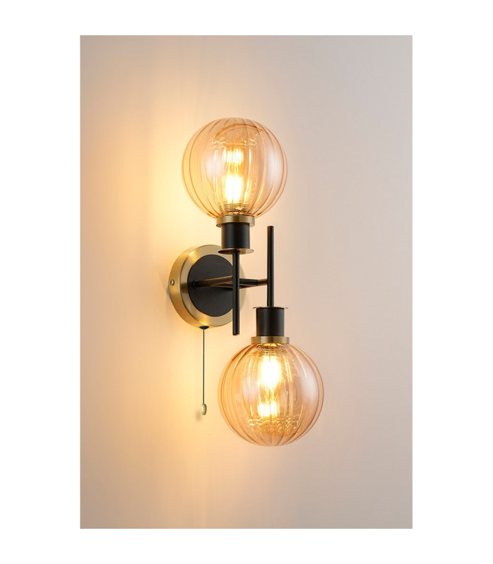 Plattsburgh Switched Wall Light 2 Light E14 IP44 15cm Round Segment Glass Shade Brass Amber Plated & Satin Black-3