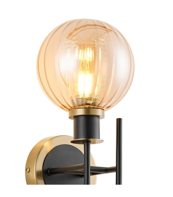 Plattsburgh Switched Wall Light 2 Light E14 IP44 15cm Round Segment Glass Shade Brass Amber Plated & Satin Black-5