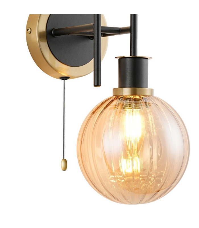 Plattsburgh Switched Wall Light 2 Light E14 IP44 15cm Round Segment Glass Shade Brass Amber Plated & Satin Black-6
