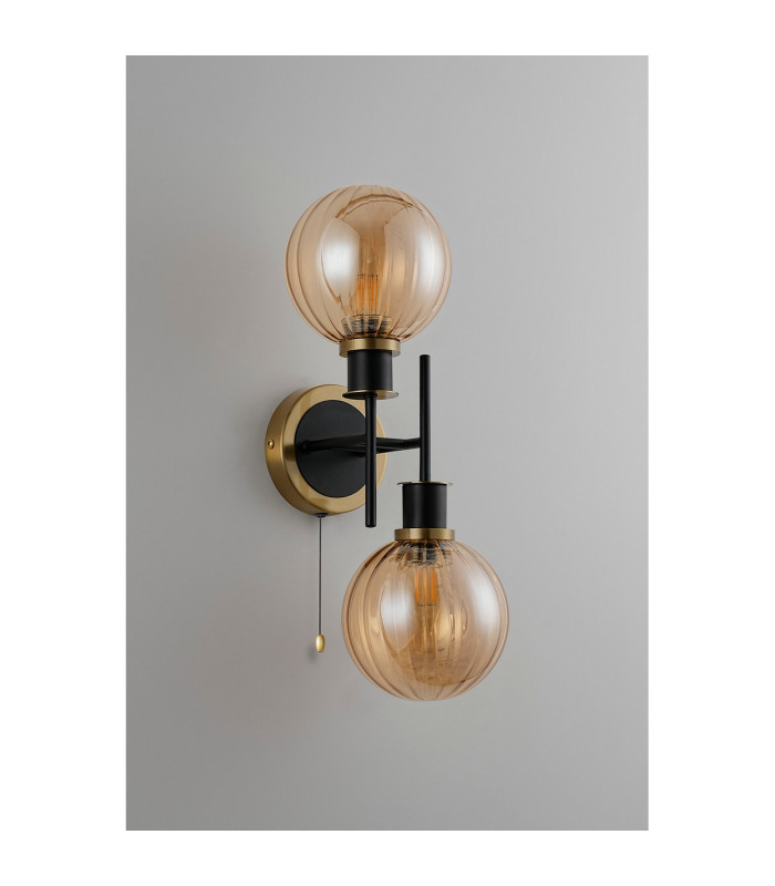 Plattsburgh Switched Wall Light 2 Light E14 IP44 15cm Round Segment Glass Shade Brass Amber Plated & Satin Black-7