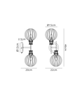 Plattsburgh Switched Wall Light 2 Light E14 IP44 15cm Round Segment Glass Shade Brass Clear & Satin Black-2