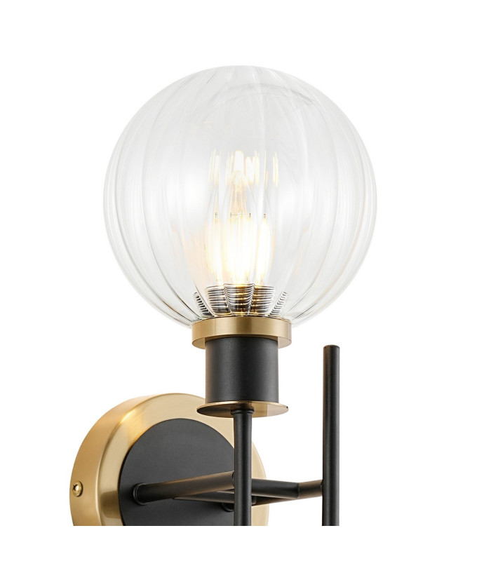 Plattsburgh Switched Wall Light 2 Light E14 IP44 15cm Round Segment Glass Shade Brass Clear & Satin Black-5
