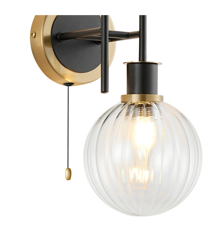 Plattsburgh Switched Wall Light 2 Light E14 IP44 15cm Round Segment Glass Shade Brass Clear & Satin Black-6