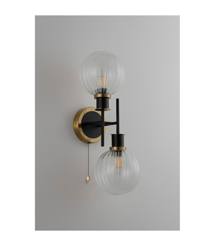 Plattsburgh Switched Wall Light 2 Light E14 IP44 15cm Round Segment Glass Shade Brass Clear & Satin Black-7