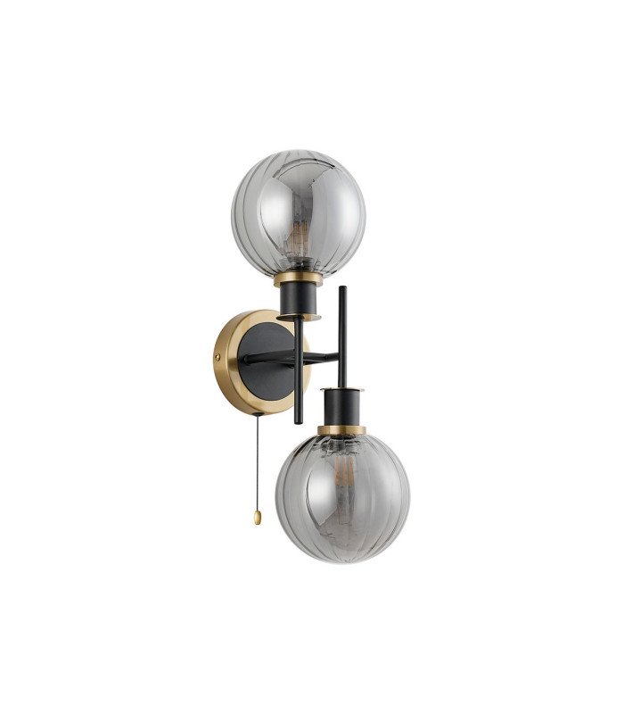 Plattsburgh Switched Wall Light 2 Light E14 IP44 15cm Round Segment Glass Shade Brass Smoke Plated & Satin Black-4