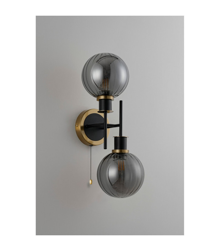 Plattsburgh Switched Wall Light 2 Light E14 IP44 15cm Round Segment Glass Shade Brass Smoke Plated & Satin Black-7