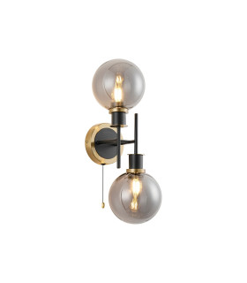 Plattsburgh Switched Wall Light 2 Light E14 IP44 15cm Round Glass Shade Brass Smoke Plated & Satin Black-1