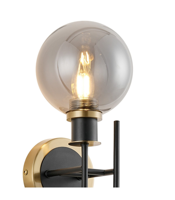 Plattsburgh Switched Wall Light 2 Light E14 IP44 15cm Round Glass Shade Brass Smoke Plated & Satin Black-5