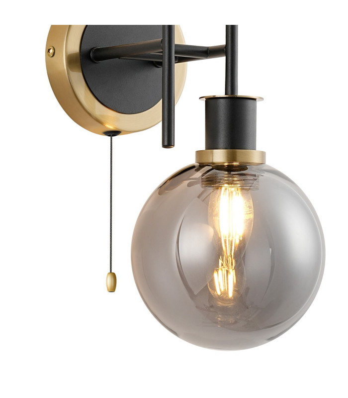 Plattsburgh Switched Wall Light 2 Light E14 IP44 15cm Round Glass Shade Brass Smoke Plated & Satin Black-6