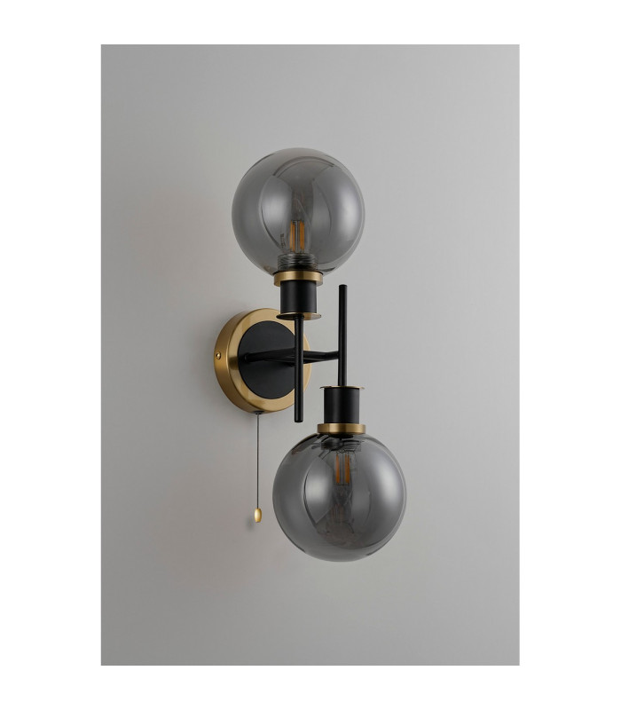 Plattsburgh Switched Wall Light 2 Light E14 IP44 15cm Round Glass Shade Brass Smoke Plated & Satin Black-7