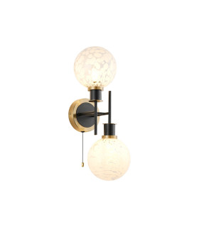 Plattsburgh Switched Wall Light 2 Light E14 IP44 15cm Round Speckled Glass Shade Brass White & Satin Black-1