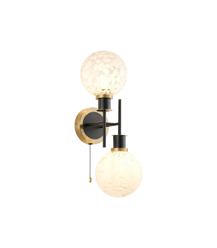 Plattsburgh Switched Wall Light 2 Light E14 IP44 15cm Round Speckled Glass Shade Brass White & Satin Black-1