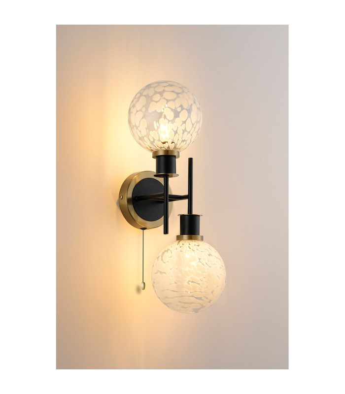 Plattsburgh Switched Wall Light 2 Light E14 IP44 15cm Round Speckled Glass Shade Brass White & Satin Black-3