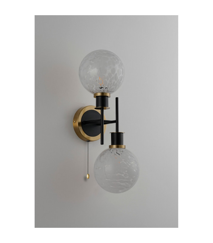Plattsburgh Switched Wall Light 2 Light E14 IP44 15cm Round Speckled Glass Shade Brass White & Satin Black-7