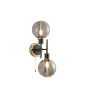 Plattsburgh Switched Wall Light 2x E14 IP44 15cm Textured Smooth/Ribbed Glass Shade Brass Smoke Plated & Satin Black-1