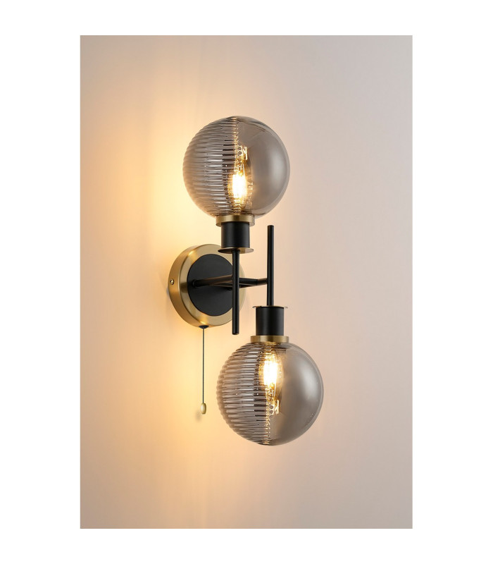 Plattsburgh Switched Wall Light 2x E14 IP44 15cm Textured Smooth/Ribbed Glass Shade Brass Smoke Plated & Satin Black-3