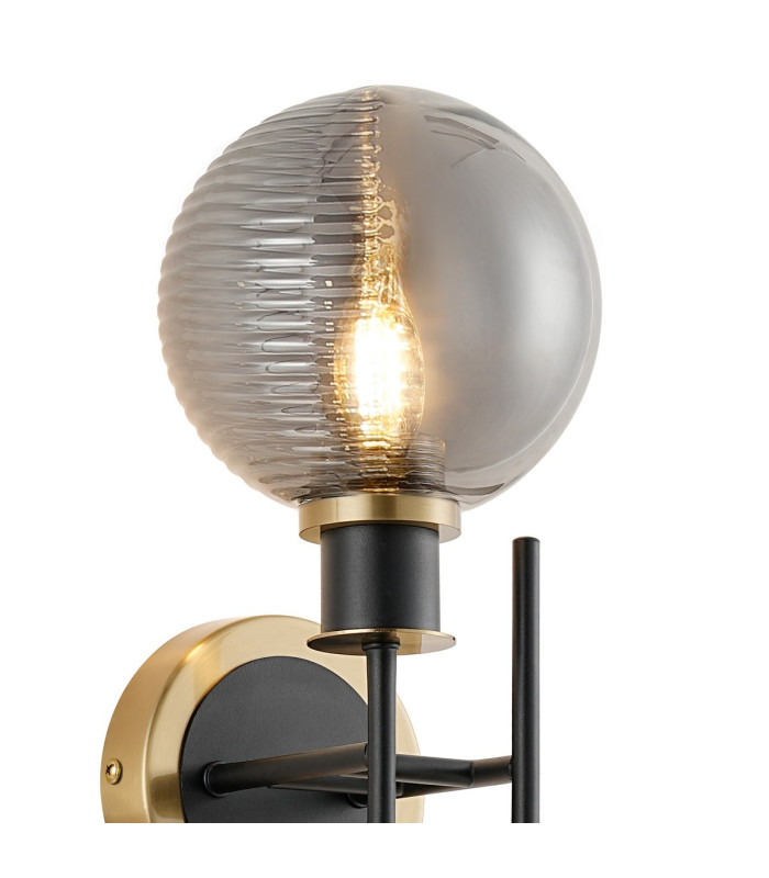 Plattsburgh Switched Wall Light 2x E14 IP44 15cm Textured Smooth/Ribbed Glass Shade Brass Smoke Plated & Satin Black-5