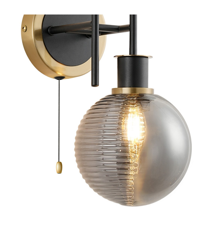 Plattsburgh Switched Wall Light 2x E14 IP44 15cm Textured Smooth/Ribbed Glass Shade Brass Smoke Plated & Satin Black-6