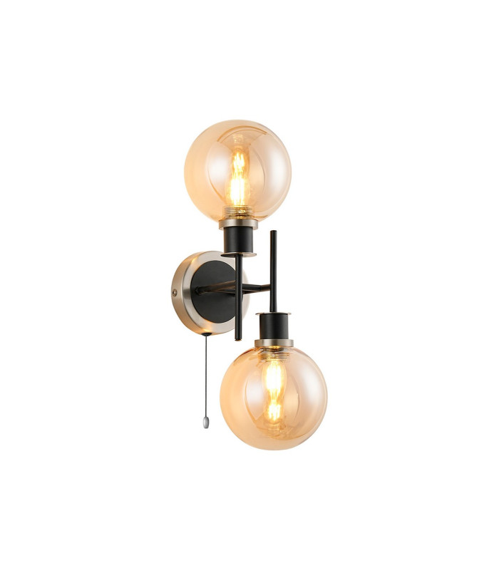 Plattsburgh Switched Wall Light 2 Light E14 IP44 15cm Round Glass Shade Satin Nickel Amber Plated & Satin Black-1