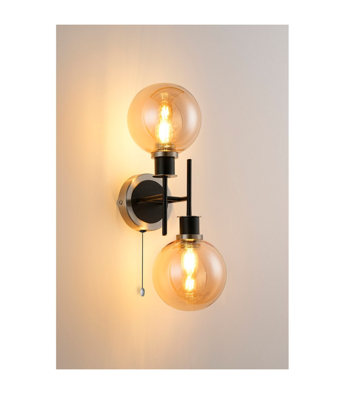 Plattsburgh Switched Wall Light 2 Light E14 IP44 15cm Round Glass Shade Satin Nickel Amber Plated & Satin Black-3
