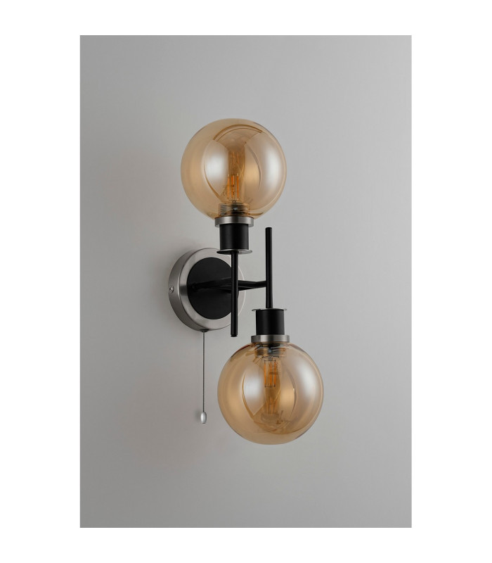 Plattsburgh Switched Wall Light 2 Light E14 IP44 15cm Round Glass Shade Satin Nickel Amber Plated & Satin Black-7