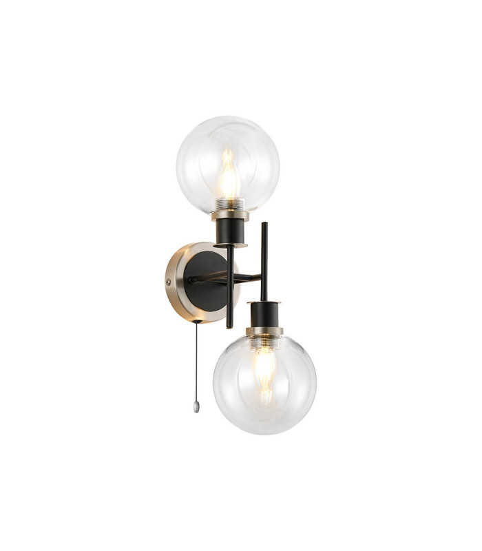 Plattsburgh Switched Wall Light 2 Light E14 IP44 15cm Round Glass Shade Satin Nickel Clear & Satin Black-1
