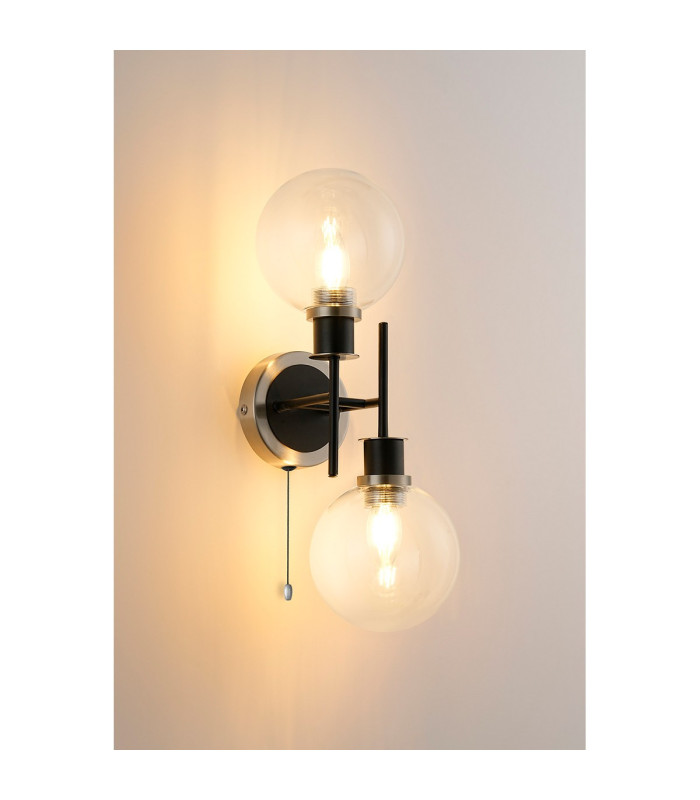 Plattsburgh Switched Wall Light 2 Light E14 IP44 15cm Round Glass Shade Satin Nickel Clear & Satin Black-3