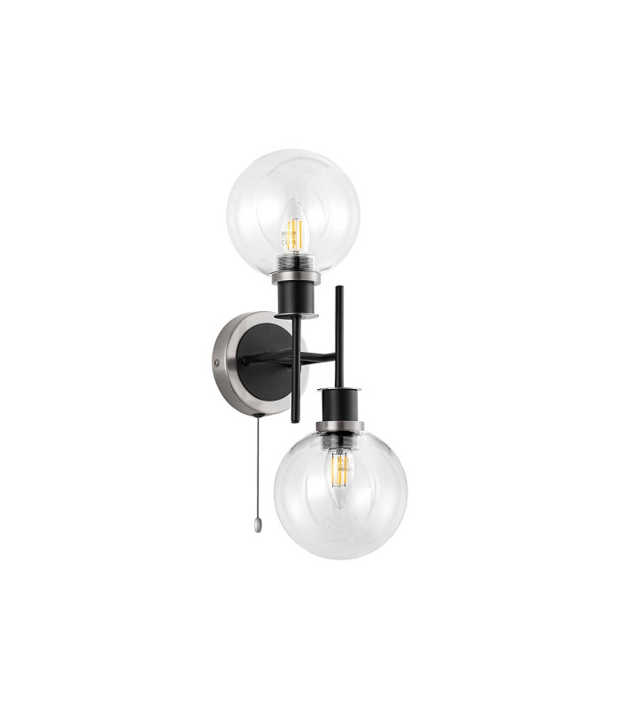 Plattsburgh Switched Wall Light 2 Light E14 IP44 15cm Round Glass Shade Satin Nickel Clear & Satin Black-4