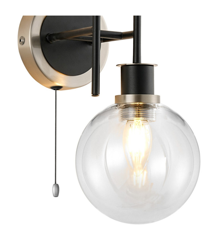 Plattsburgh Switched Wall Light 2 Light E14 IP44 15cm Round Glass Shade Satin Nickel Clear & Satin Black-6