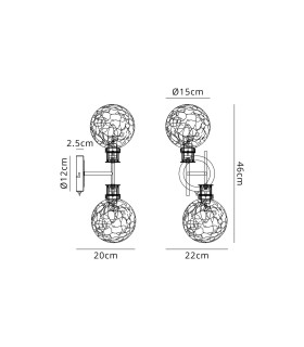 Plattsburgh Switched Wall Light 2 Light E14 IP44 15cm Round Crackled Glass Shade Satin Nickel Clear & Satin Black-2
