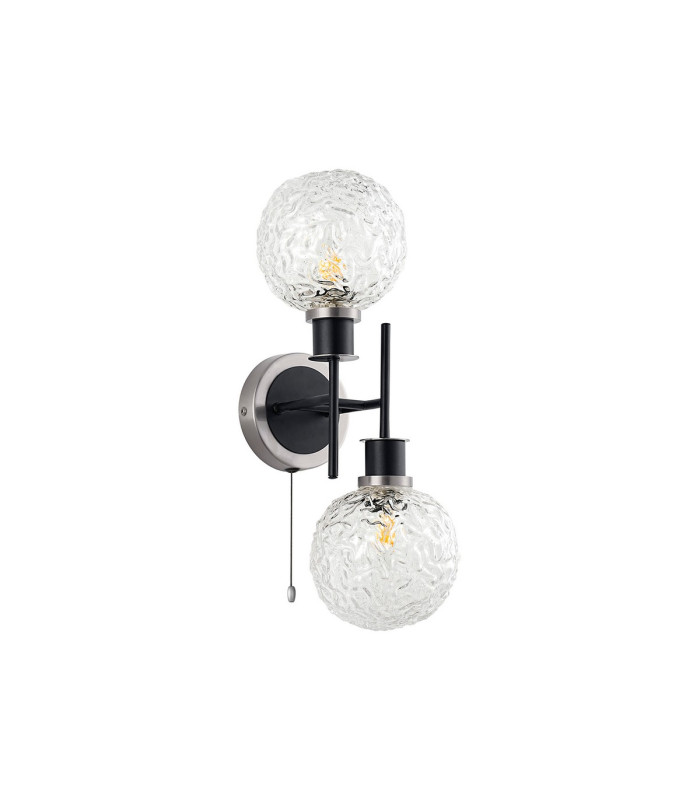Plattsburgh Switched Wall Light Twin E14 IP44 15cm Round Textured Crumple Glass Shade Satin Nickel Clear & Satin Black-4