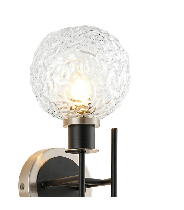 Plattsburgh Switched Wall Light Twin E14 IP44 15cm Round Textured Crumple Glass Shade Satin Nickel Clear & Satin Black-5