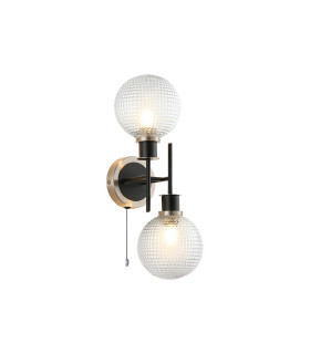 Plattsburgh Switched Wall Light 2x E14 IP44 15cm Textured Diamond Pattern Glass Shade Satin Nickel Clear & Satin Black-1