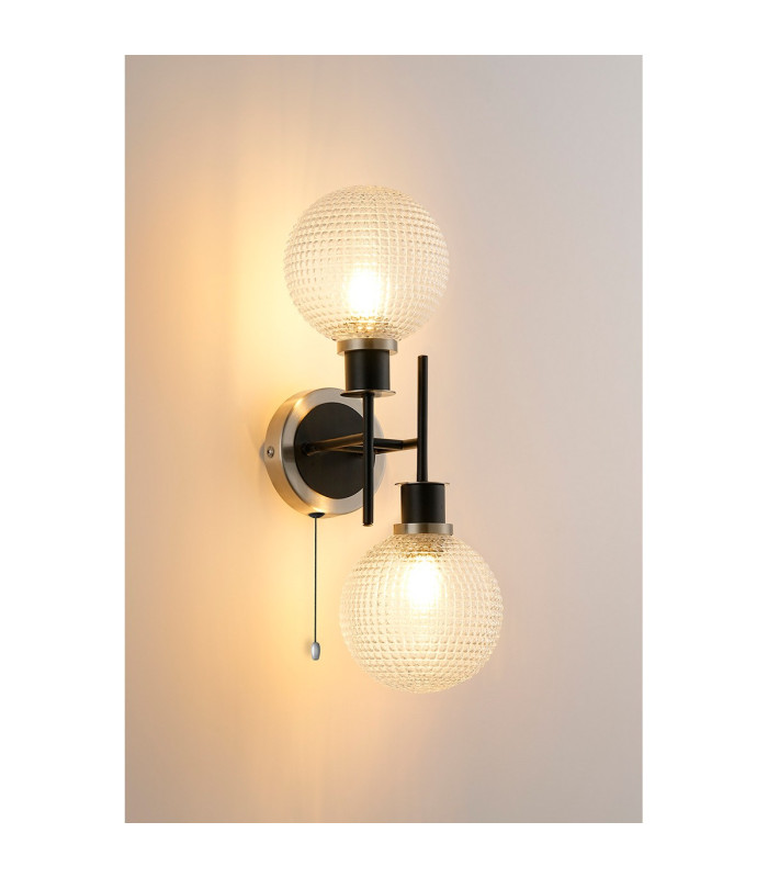 Plattsburgh Switched Wall Light 2x E14 IP44 15cm Textured Diamond Pattern Glass Shade Satin Nickel Clear & Satin Black-3