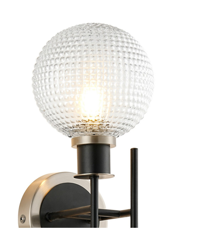 Plattsburgh Switched Wall Light 2x E14 IP44 15cm Textured Diamond Pattern Glass Shade Satin Nickel Clear & Satin Black-5