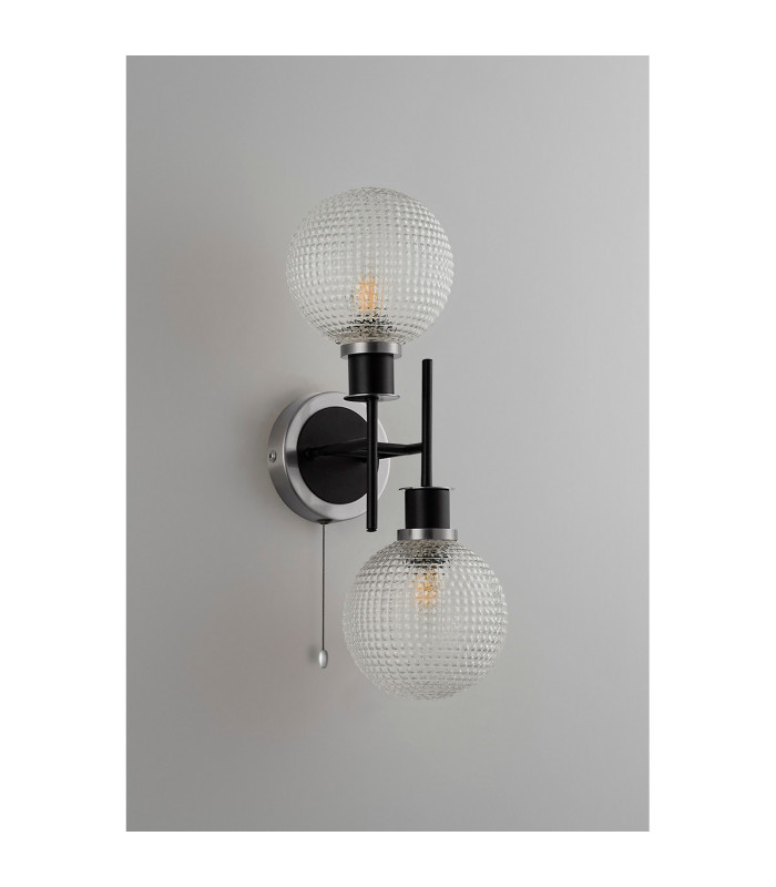 Plattsburgh Switched Wall Light 2x E14 IP44 15cm Textured Diamond Pattern Glass Shade Satin Nickel Clear & Satin Black-7